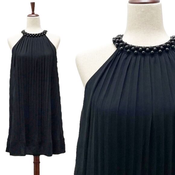 Vintage Dresses & Skirts - Vintage BH-One Fashion Black Chiffon Pleated Halter Beaded Neck Dress Sz Medium